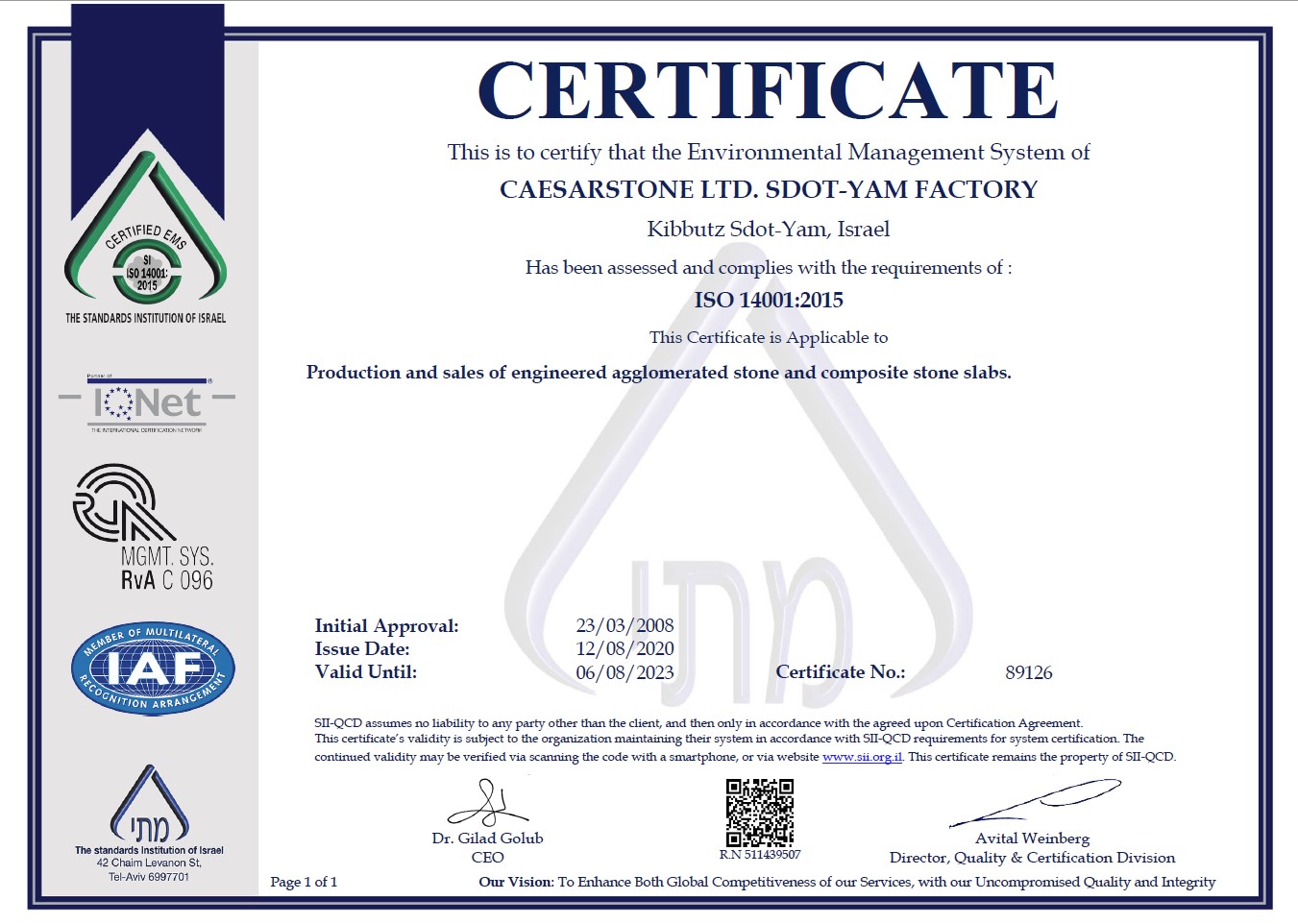 Caesarstone. Certifikat ISO 14001-2015